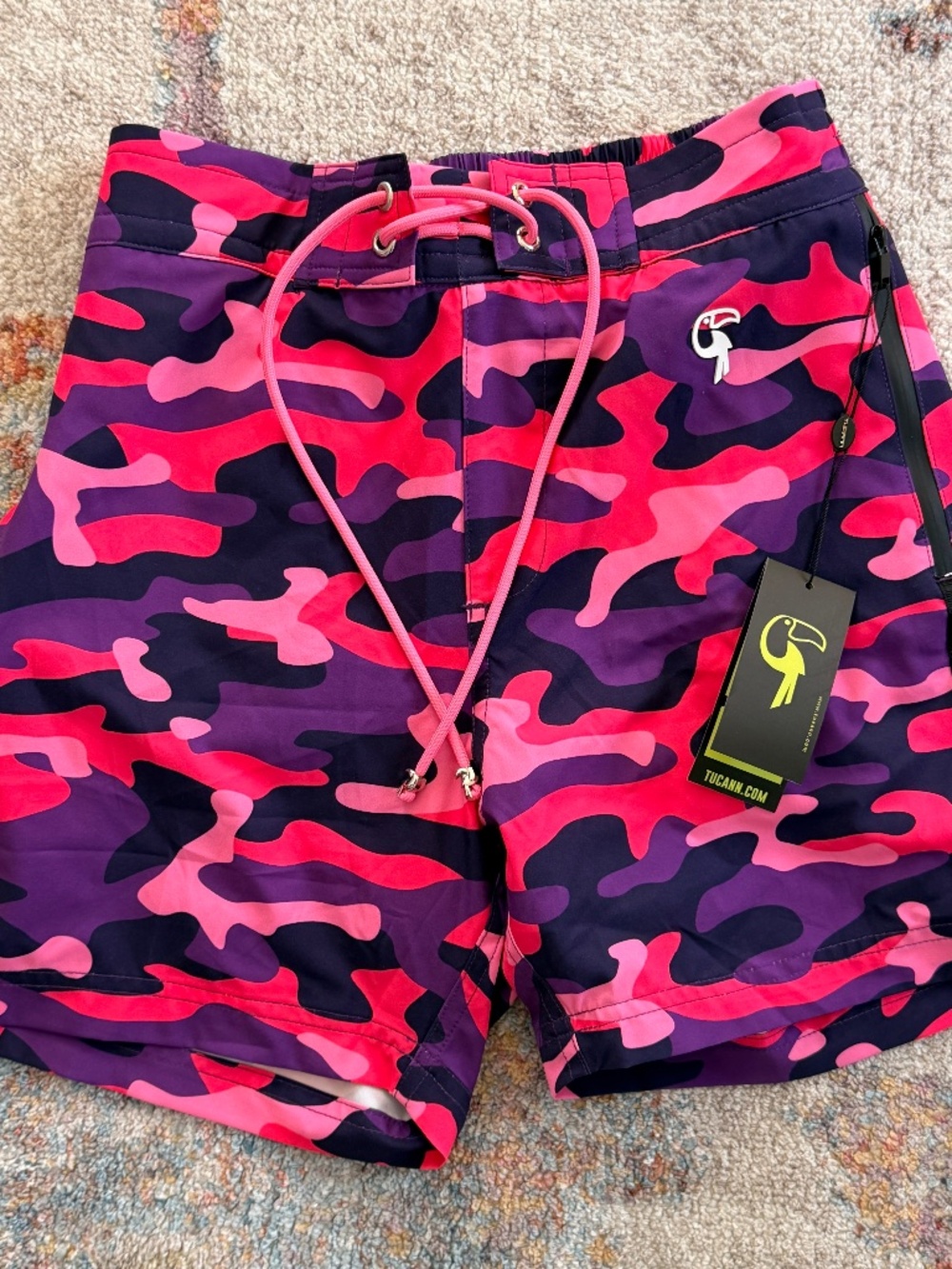 NWT Tucann Pink Camo Swim Shorts — Lined Trunks, Zip Pockets, Size S